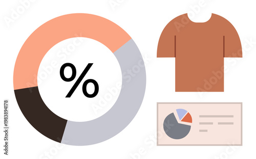 Data analysis, consumer trends, fashion marketing, financial reports, business presentations, retail insights. Circular chart with percentage, a brown t-shirt and a graph. Data analysis and consumer