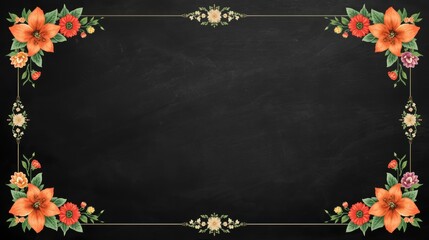A dark decorative frame featuring elegant floral corners and central botanical ornaments on edges isolated on white background