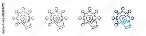 An interactivity icon is a visual symbol—commonly a hand, finger touch, cursor, or abstract network graphic—used in user interfaces (UI) made in difference thick lines and blue color for web  design