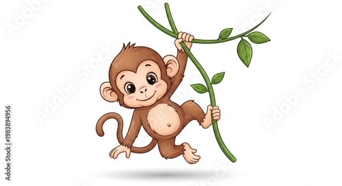 Cute cartoon monkey swinging on a vine with leaves.