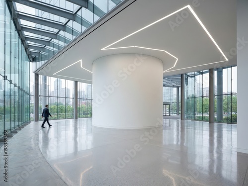 Modern architectural interior with glass facade and minimalist design