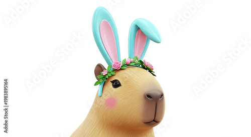 Capybara wearing bunny ears and flower crown