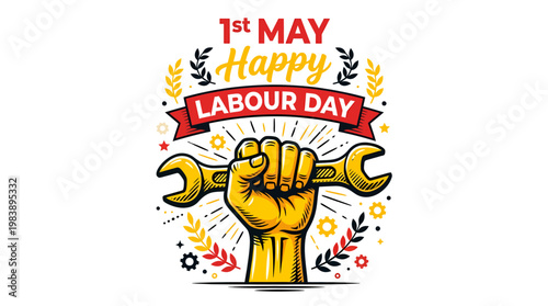 Celebrate International Workers' Day with a 'Happy Labour Day' graphic featuring a raised fist holding a wrench, symbolizing strength and dedication