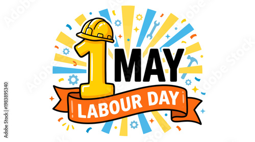 Happy Labour Day May 1st Greeting with Construction Helmet and Tools Graphic Design