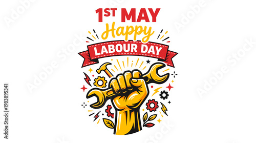 Vibrant illustrative design celebrating the spirit of Labour Day, showcasing a powerful worker's hand gripping a wrench, symbolizing dedication and industry contribution