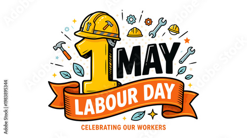 Vibrant illustration celebrating the spirit of International Workers' Day on May 1st, honoring labor contributions with industrial tools and festive typography