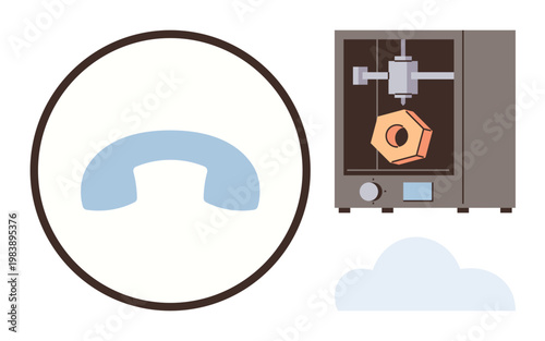 Technology innovation, communication tools, digital design, additive manufacturing, cloud integration, modern devices. 3D printer with geometric object, phone receiver symbol cloud. Technology