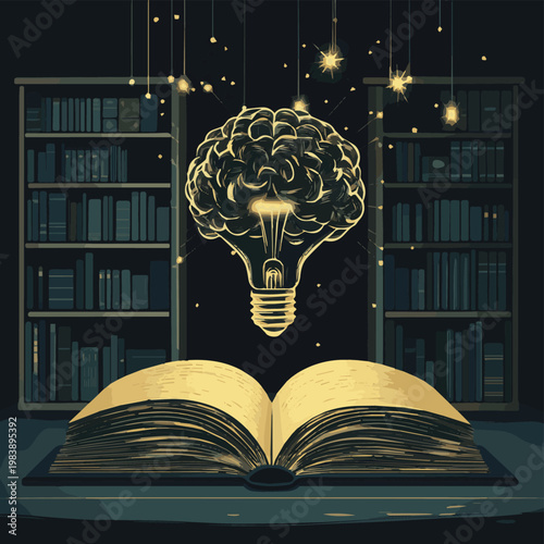 An open book with a brain-shaped light bulb floating above, symbolizing knowledge and enlightenment in a library.