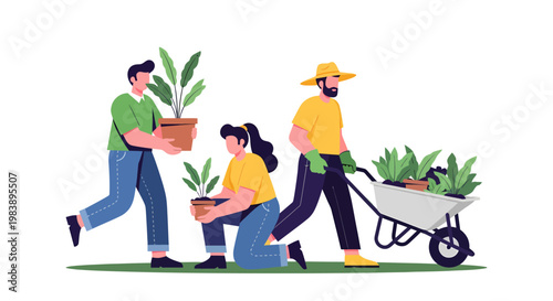 Diverse team actively engaged in community gardening, planting and nurturing green spaces for a sustainable future concept