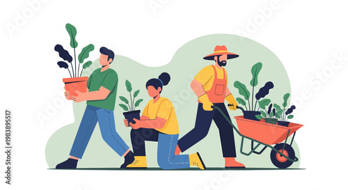 Community gardening concept illustration depicting diverse individuals collaborating to cultivate plants and foster environmental sustainability