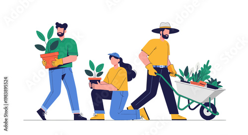 Diverse group of happy gardeners tending to their plants and harvesting fresh produce, promoting sustainable living and community farming initiatives