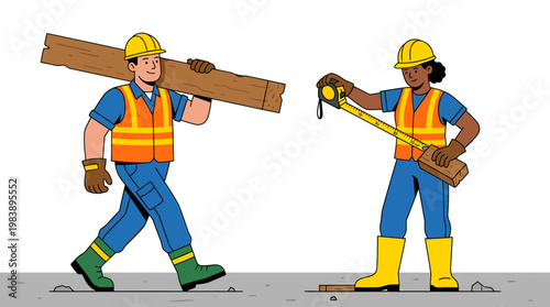 Two construction workers, one carrying lumber and the other measuring, symbolize teamwork and progress in building and development projects