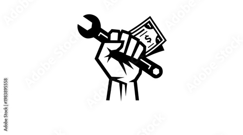 Raising a wrench and money, symbolizing the hard work and dedication of laborers in a demanding economy, a testament to their resilience