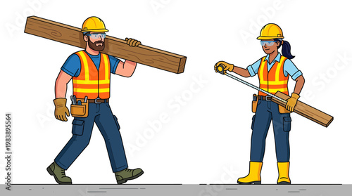 Two Construction Workers, One Carrying Lumber and the Other Measuring Wood, Both Wearing Hard Hats and Safety Vests