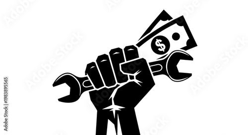Fist holding wrench and money, representing labor rights, wages, and the economic value of skilled work and unions