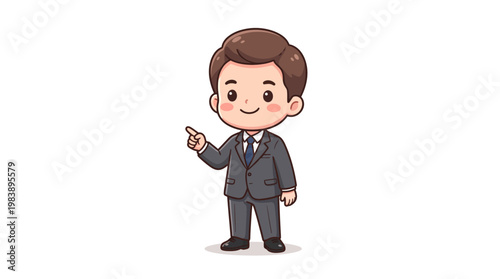 A cheerful young businessman in a gray suit, pointing his finger to the right, conveying a professional and approachable demeanor