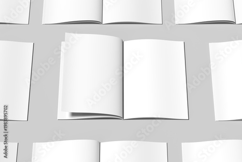 Fotografie Minimalist mockup featuring multiple open magazine spreads with blank pages arranged on a clean neutral background