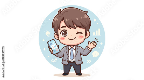 Charming businessman character winking and giving a thumbs-up gesture, holding a smartphone in a clean, modern, and professional digital illustration