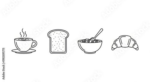 Collection of breakfast items hot beverage in a cup, slice of toast, bowl of cereal with spoon, and a croissant, depicted in a simple line art style