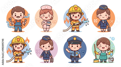 Adorable Cartoon Characters Representing Various Professions and Occupations in a Fun and Engaging Style