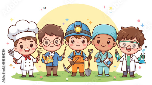 Diverse Professions A Colorful Cartoon Illustration of People in Various Occupations Working Together