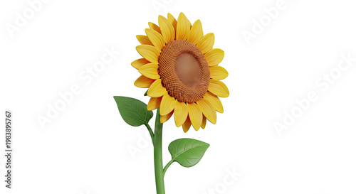 Stylized Sunflower with Green Leaves on White Background