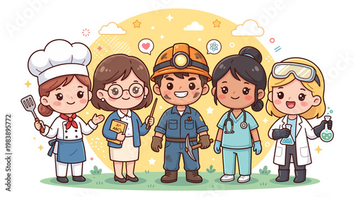 Diverse group of professionals including a chef, teacher, miner, nurse, and scientist depicted in a joyful, cartoon-style illustration symbolizing various careers and community roles