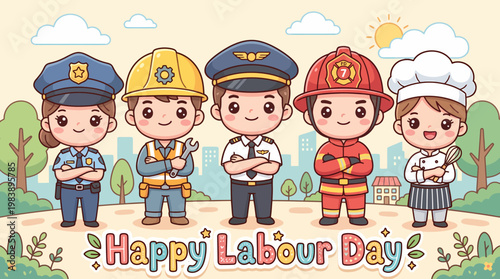 Happy Labour Day celebration with diverse professions dressed in their uniforms, honoring workers worldwide with a festive and joyful atmosphere
