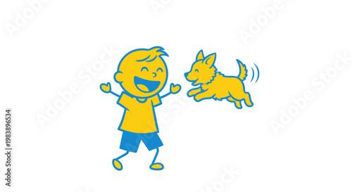 Boy Playing with Happy Orange Dog.