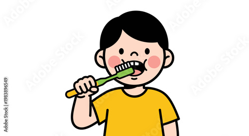 Boy brushing teeth with toothbrush.