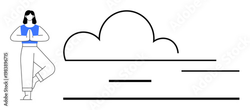 Wellness, mindfulness, yoga, meditation, cloud computing, relaxation. Woman in tree pose standing near a cloud with stylized lines. Yoga and mindfulness harmony and well-being