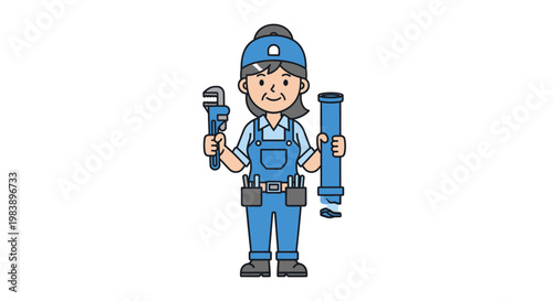 Cartoon plumber holding tools smiling.