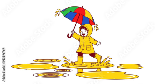 Child Wearing Yellow Raincoat Jumps.