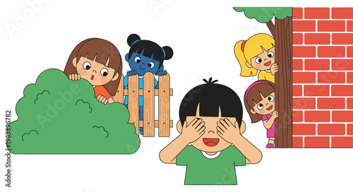 Children peeking and covering faces playful.