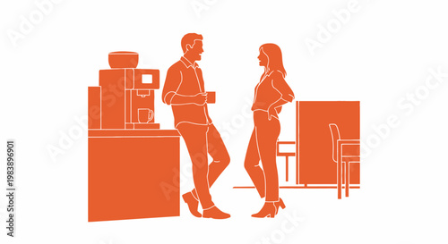 Colleagues talking during coffee break in office kitchen