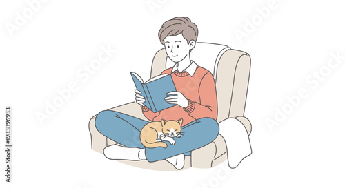 Cozy man reading book while cat sleeps on lap