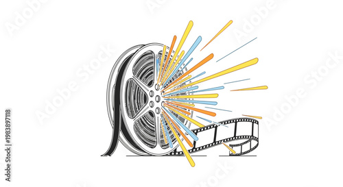 Film reel with colorful abstract burst and film strip