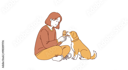 Girl shares ice cream cone with happy dog sitting