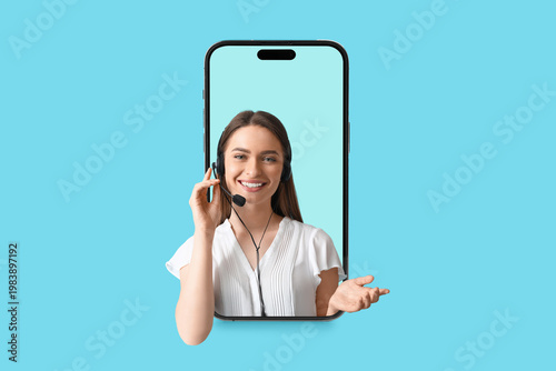 Female technical support agent on color background