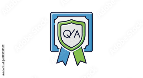 quality assurance icon and certification badge with a qa shield and ribbons representing business validation and successful testing processes.