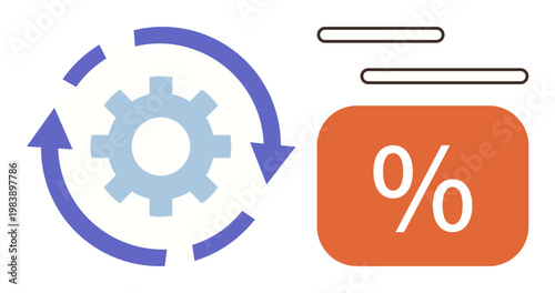 Process optimization, productivity, financial planning, performance evaluation, automation, workflow management. Gear with arrows and a percentage symbol. Process optimization and productivity