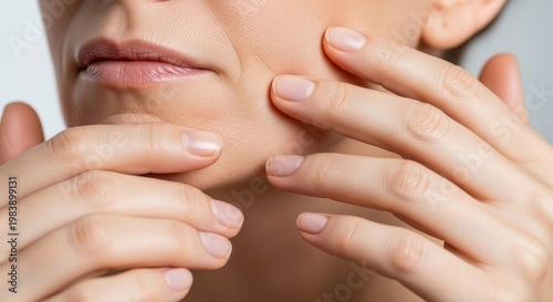 Close up shot of hands touching mature skin near the jawline to observe loss of firmness and early signs of aging in a bright indoor setting, cosmetic, aesthetic, prevention