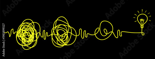 scribble line doodles. the concept of transition from complicated to simple with bulb lamp, isolated on white background. vector illustrations