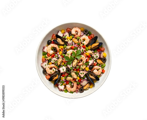 Seafood Salpicon (Salpicon de Marisco) featuring shrimp, mussels, octopus, bell peppers, onions, tomatoes, and olives. Set against a white background.