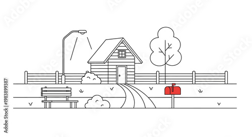 Line drawing of a rural scene with a house, mailbox, and bench.