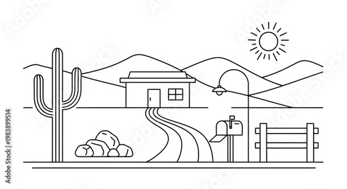 Minimalist desert landscape with cactus, house, and mailbox.