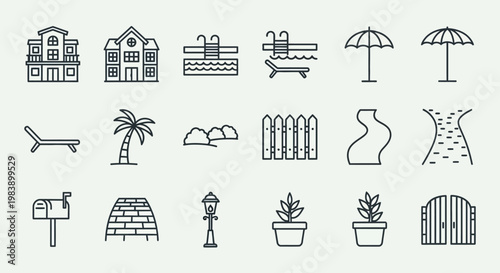 Set of line icons for house, pool and garden elements.