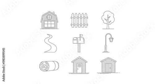 Minimalist line icons for countryside and farm life elements on white background