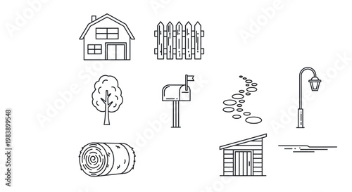 Set of minimalist line icons depicting country life and rustic farm elements