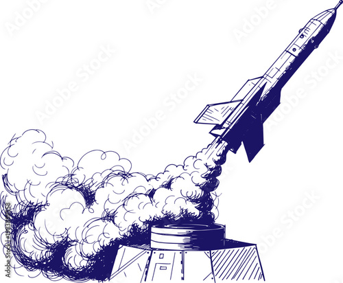 Hand Drawn Surface-to-Air Missile Launch from Ground Launcher with Radar Guidance and Smoke Trail Sketch